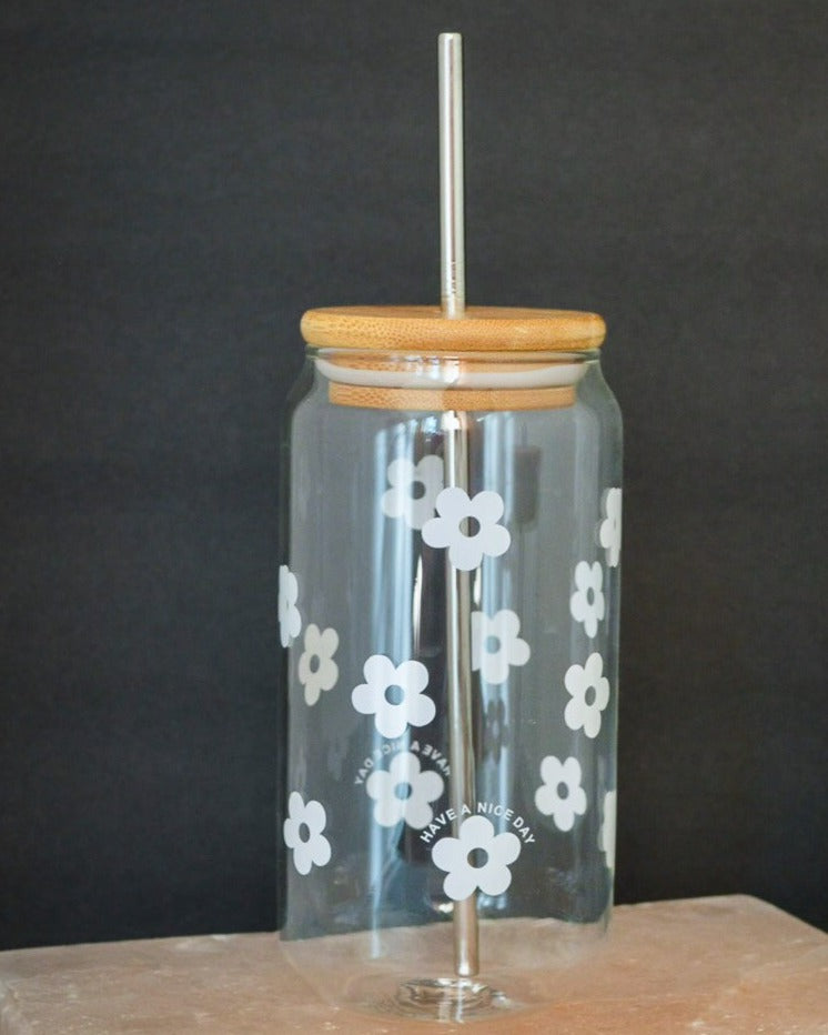 Glass Cup with lid and straw - 16oz