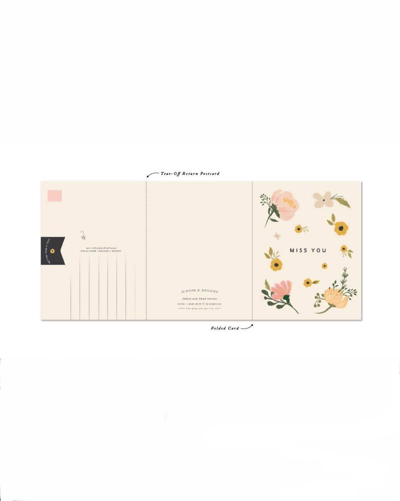 Miss You - Greeting Card + Return Tear-Off Postcard