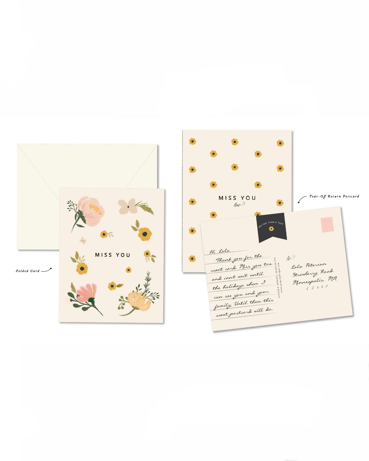 Miss You - Greeting Card + Return Tear-Off Postcard